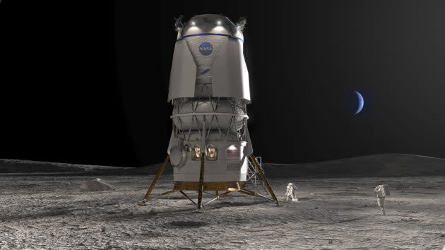 An artist’s conception shows the integrated design for the Blue Moon lander. (Blue Origin Illustration)