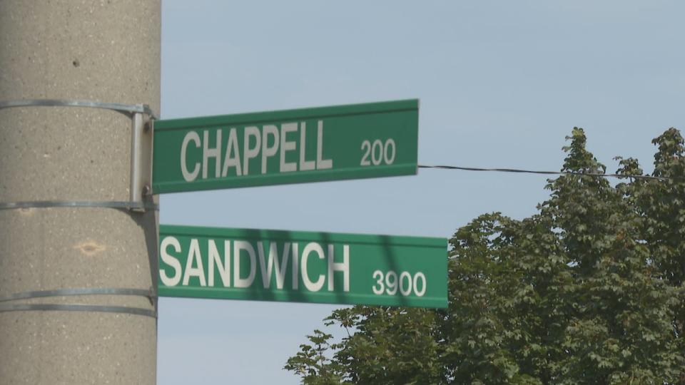 Street name signs where Sandwich Street meets Chappell Avenue in Windsor's west end. Photographed Aug. 22, 2023.