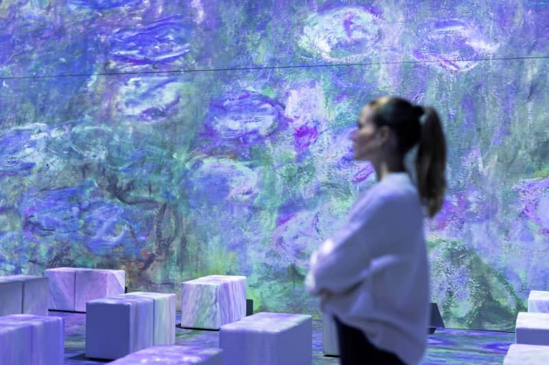 An employee in the multimedia exhibition "Monet's Garden," where viewers can explore the history and works of painter Claude Monet. Michael Matthey/dpa
