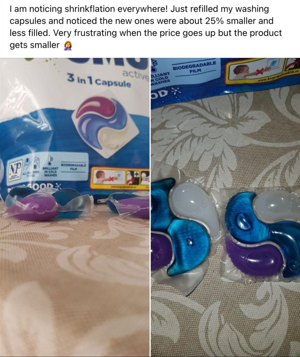 Facebook post about shrinking OMO laundry detergent capsules