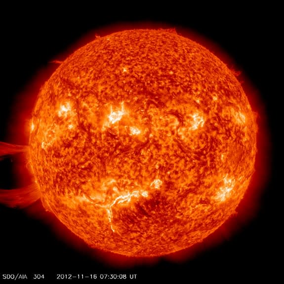 A giant solar prominence erupts from the sun on Nov. 16, 2012, in this image captured by NASA's sun-watching Solar Dynamics Observatory. The solar eruption was not aimed at Earth.