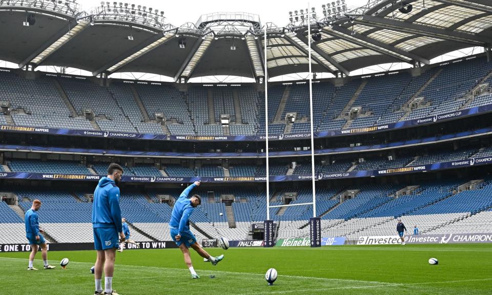 <span>Leinster’s Ross Byrne practises his kicking at Croke Park before the Irish side’s clash with Northampton.</span><span>Photograph: Harry Murphy/Sportsfile/Getty Images</span>