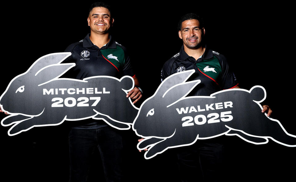 Latrell Mitchell and Cody Walker, pictured here after re-signing with the South Sydney Rabbitohs.