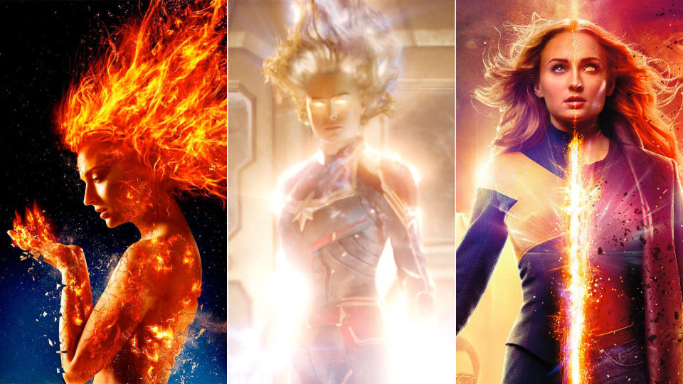 Flame on: Early <i>Dark Phoenix</i> publicity stills showed a much more fiery look for Jean Grey. This has been changed in the final film for something very different. (20th Century Fox/Marvel Studios)