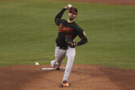 Baltimore Orioles starting pitcher Jorge Lopez throws to a Toronto Blue Jays batter during the first inning of a baseball game, Friday, Sept. 25, 2020, in Buffalo, N.Y. (AP Photo/Jeffrey T. Barnes)