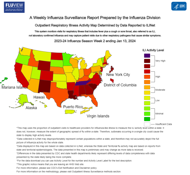 CDC map shows the level of respiratory illness by state the week prior, as of Jan. 13, 2024. (Courtesy: CDC)