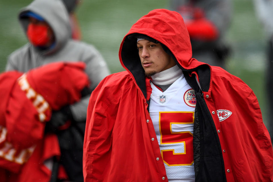 Patrick Mahomes #15 of the Kansas City Chiefs looks on as he wears a heavy jacket.