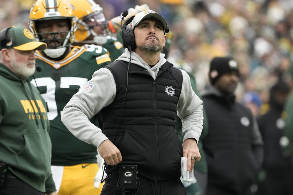 Green Bay Packers head coach Matt LaFleur stands on the sideline during the first half of an NFL football game against the Minnesota Vikings, Sunday, Oct. 29, 2023, in Green Bay, Wis. (AP Photo/Morry Gash)