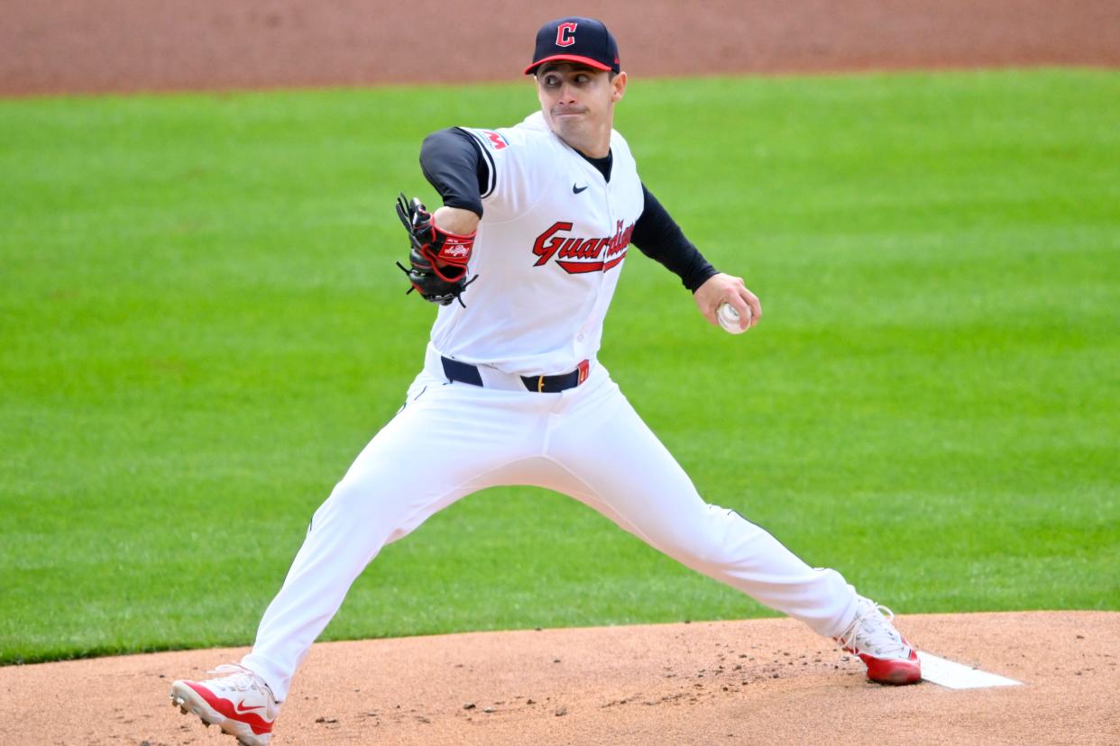 Cleveland Guardians starting pitcher Logan Allen (41) delivers a pitch in the first inning against the Oakland Athletics on Saturday in Cleveland.