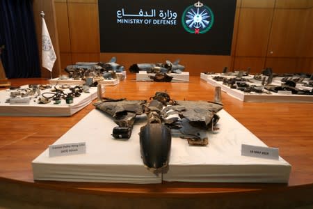 Remains of the missiles which Saudi government says were used to attack an Aramco oil facility, are displayed during a news conference in Riyadh