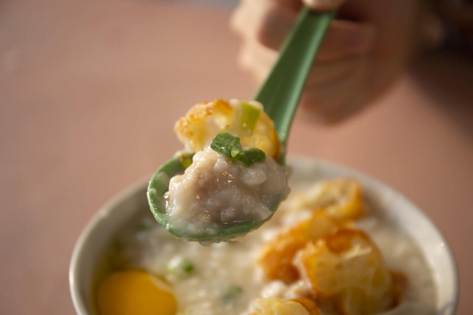 Chai Chee Pork Porridge - Pork closeup