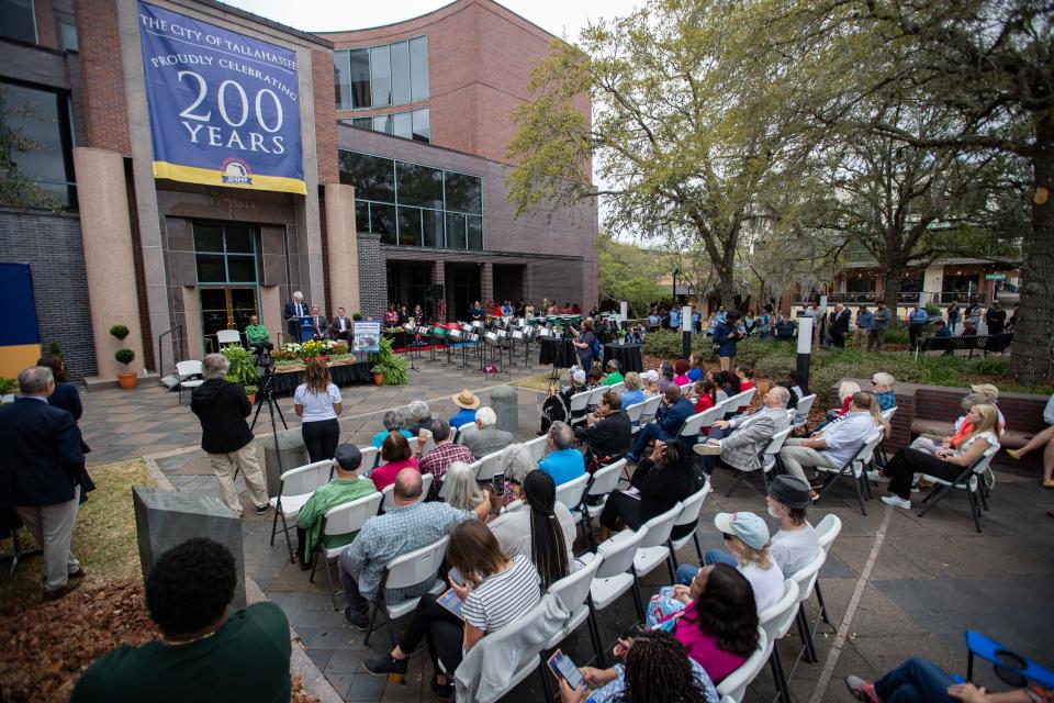 Community members gather at City Hall to celebrate the Tallahassee bicentennial on Monday, March 4, 2024.