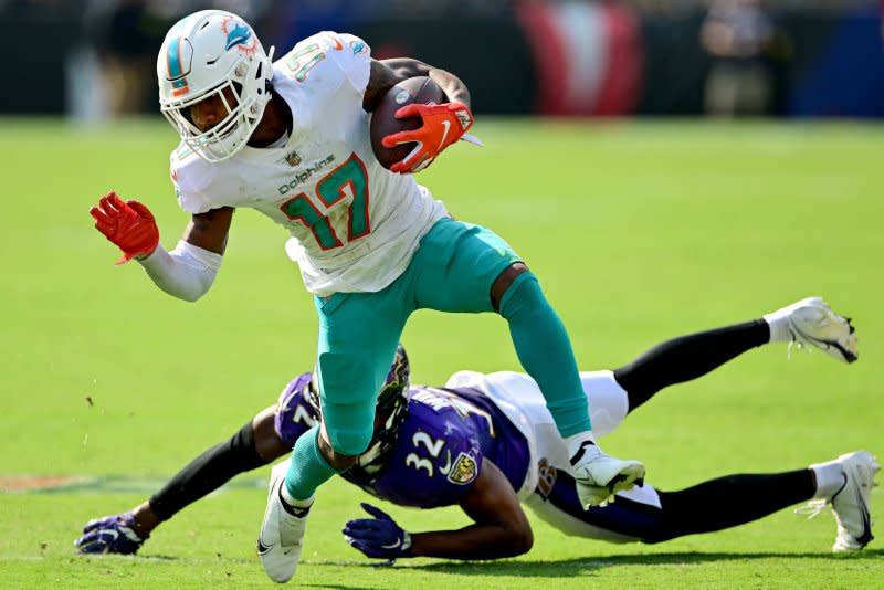Miami Dolphins wide receiver Jaylen Waddle (L) logged 251 catches through his first three seasons. File Photo by David Tulis/UPI