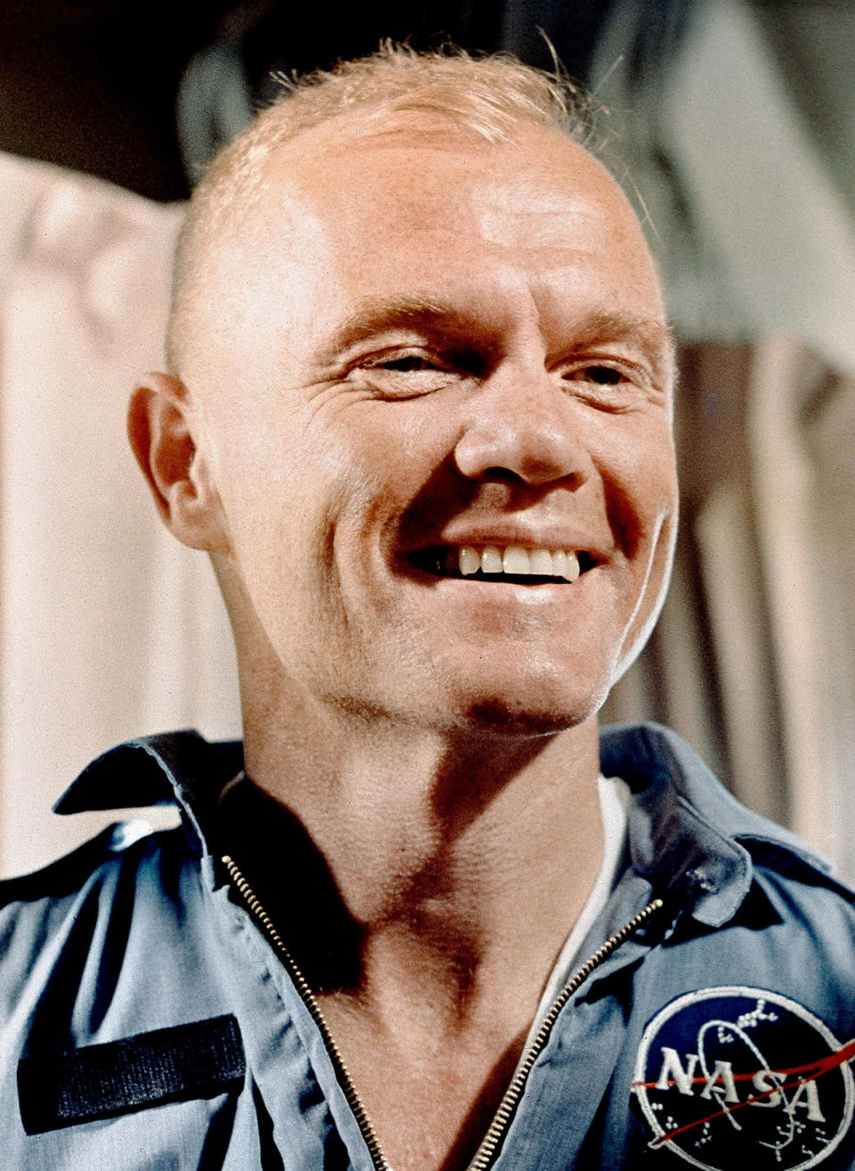 <p>Close-up of American astronaut (and future politician) John Glenn as he smiles while aboard the USS Randolph, after the completion of his Friendship 7 mission to orbit the earth, February 21, 1962. (Photo by NASA/Interim Archives/Getty Images)</p>