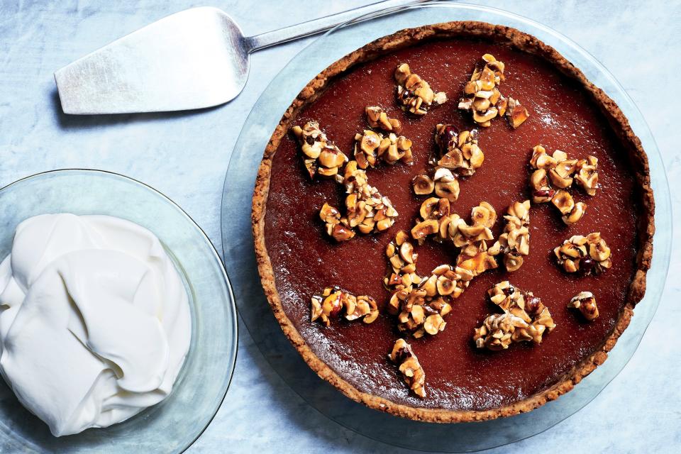 Pumpkin-Caramel Tart with Toasted-Hazelnut Crust