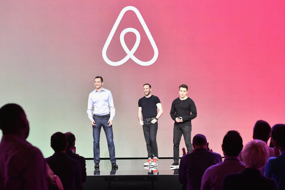 L-R: Airbnb cofounders Nathan Blecharczyk, Joe Gebbia, and Brian Chesky speak onstage at Airbnb Open LA on Nov. 17, 2016 in Los Angeles, Calif.  (Photo by Mike Windle/Getty Images for Airbnb) 