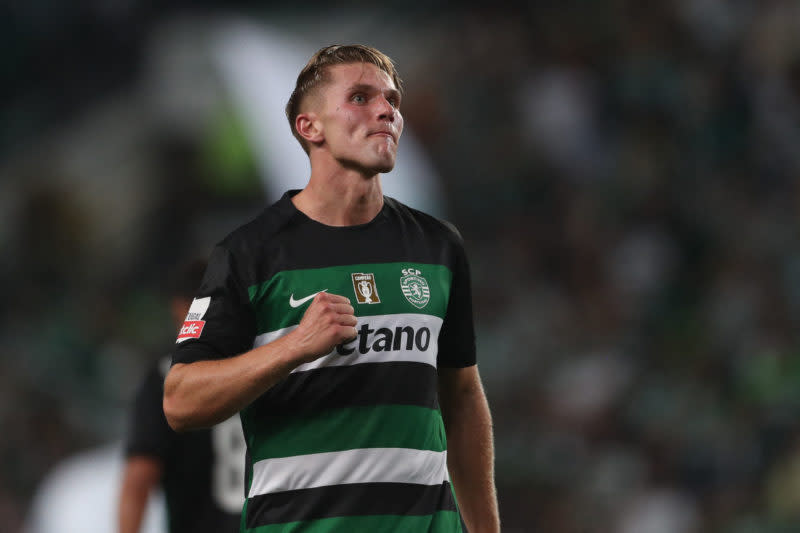 Sporting Lisbon's Swedish forward #09 Viktor Gyokeres celebrates after scoring his team's third goal during the Portuguese league football match between Sporting CP and Rio Ave FC at the Jose Alvalade stadium in Lisbon on August 9, 2024.(Photo by CARLOS COSTA/AFP via Getty Images)