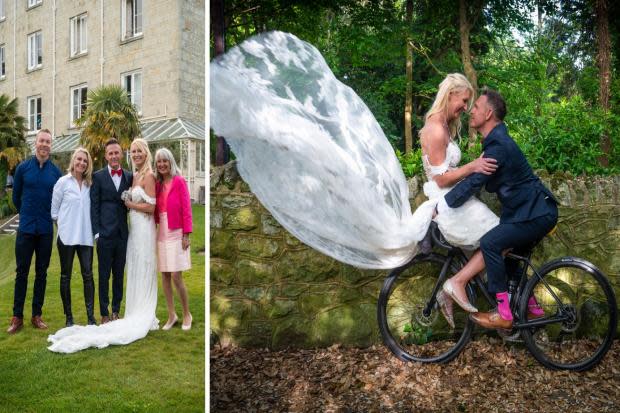 Roy Foley and Mandy Schutt married on the Isle of Wight while on the LeBlanq tour. Far left, Sir Chris Hoy joins the happy couple. Pictures by Stephanie Mackrill.