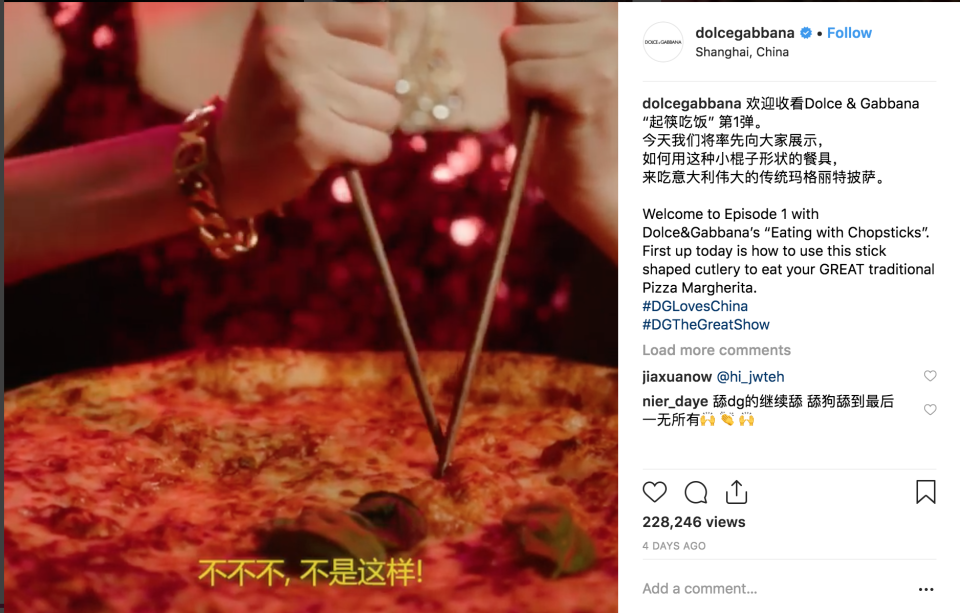 D&G faces a backlash in China over its latest marketing campaign. (Photo: Screenshot/Instagram)