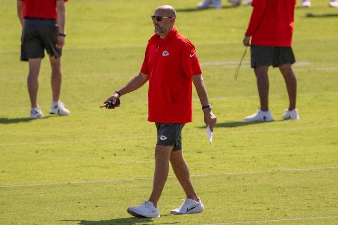 Kansas City Chiefs offensive coordinator Matt Nagy observes players during practice at Chiefs training camp on Wednesday, July 26, 2023, in St. Joseph, Mo. Emily Curiel/ecuriel@kcstar.com