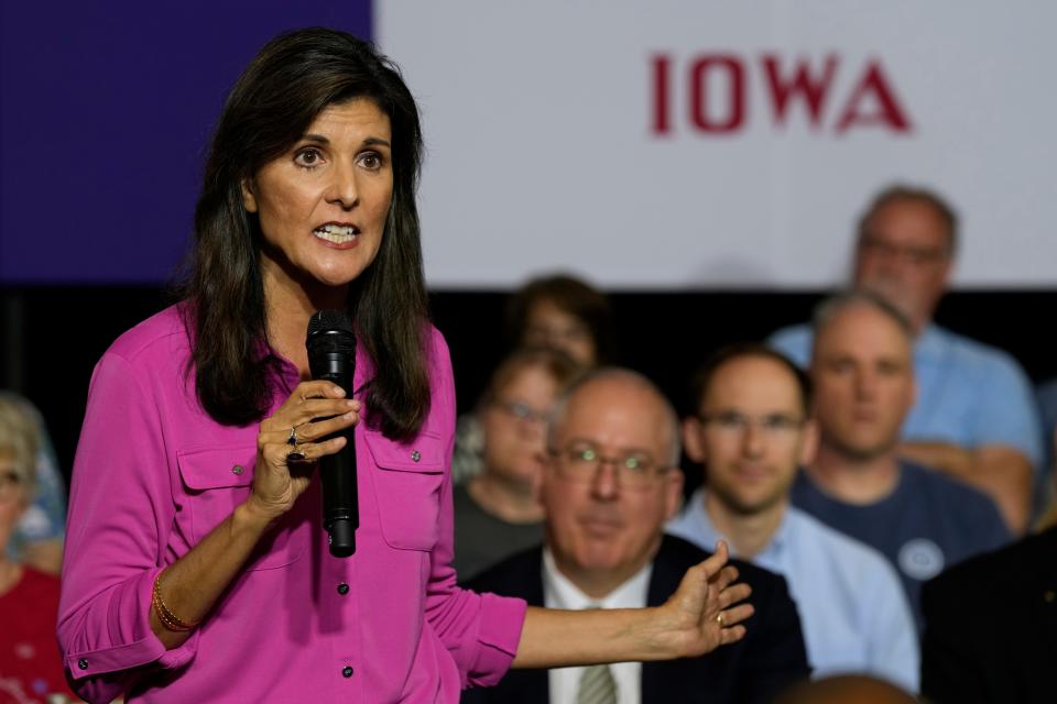 Republican presidential candidate Nikki Haley speaks during a town hall campaign event, Wednesday, May 17, 2023, in Ankeny, Iowa. (AP Photo/Charlie Neibergall)