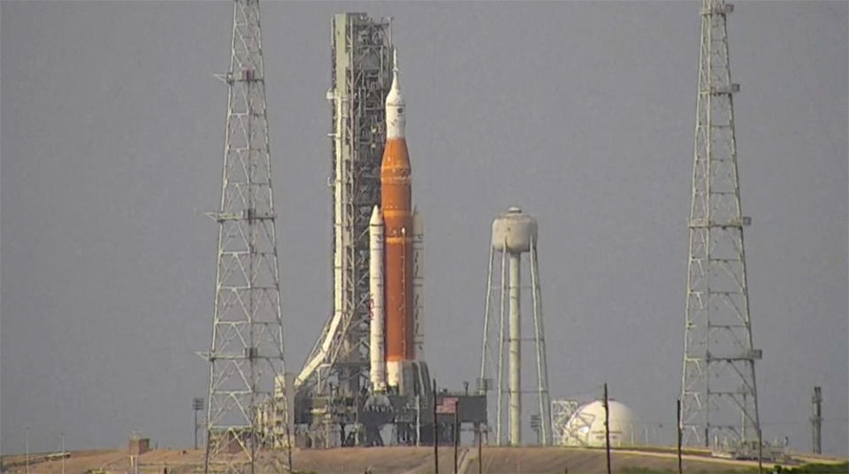 The Space Launch System moon rocket Thursday stop pad 39B at the Kennedy Space Center.  / Credit: CBS News