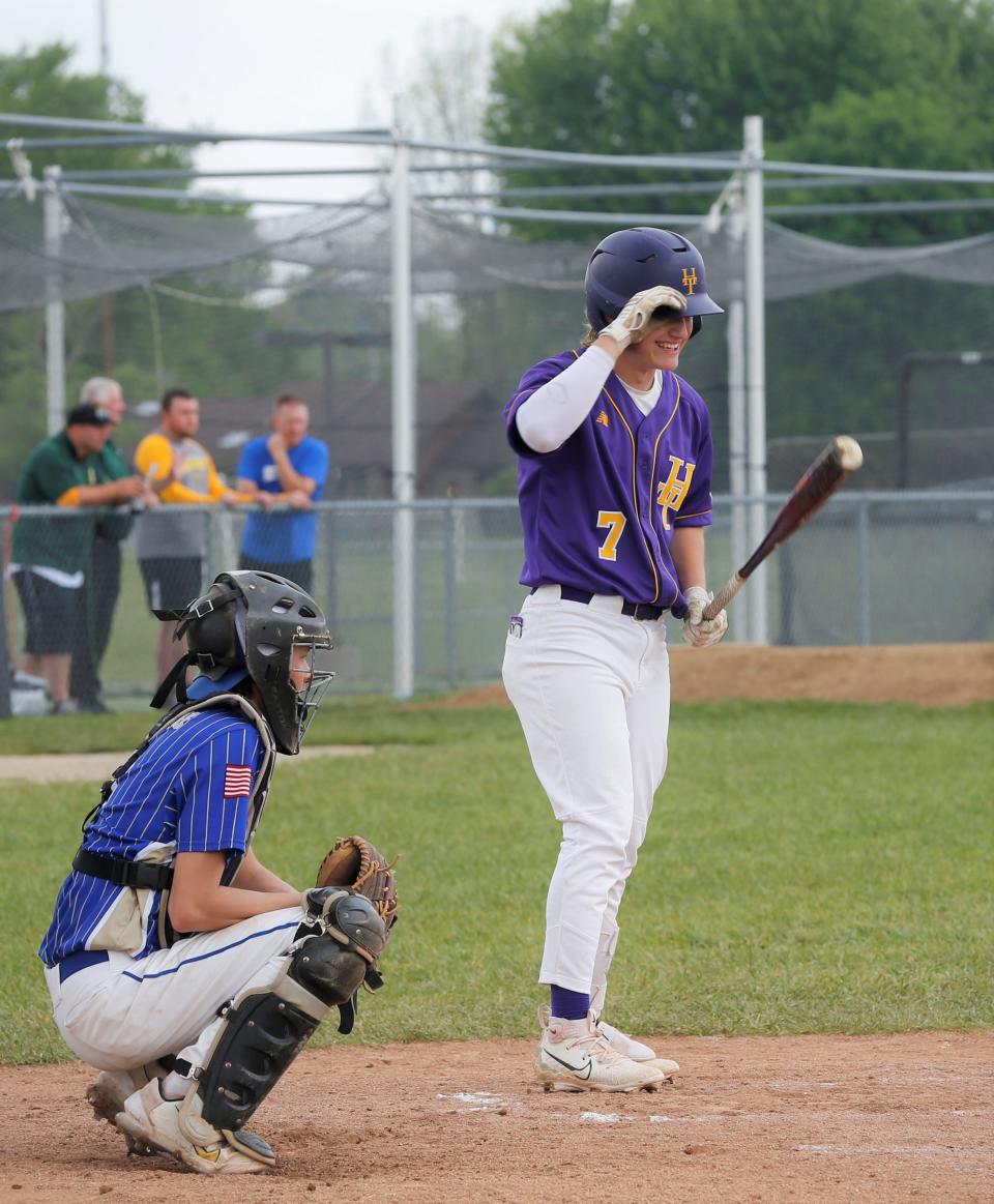 Hagerstown senior Quaid Mull smiles while stepping into the batter's box during a Wayne County Tournament game against Lincoln May 13, 2023.