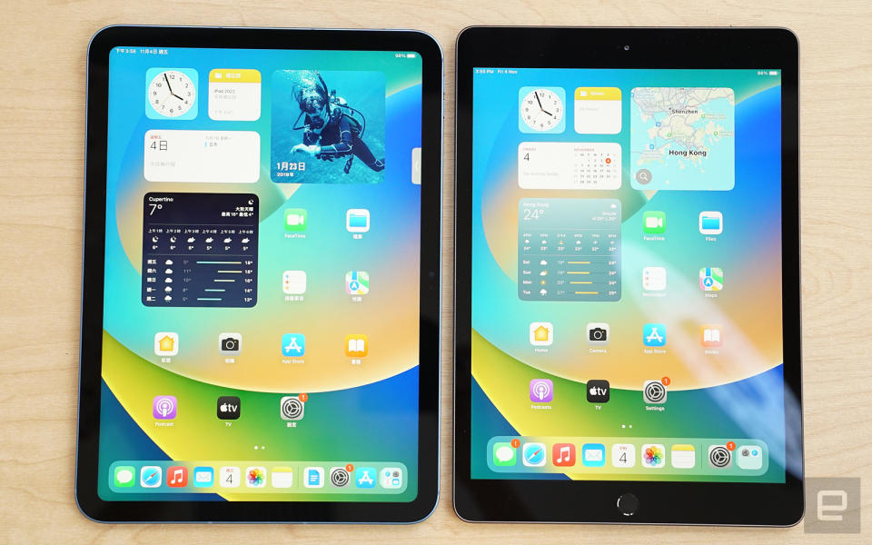 iPad 10（左）和 iPad 9（右）外形比較