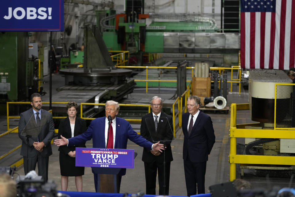 Republican presidential nominee former President Donald Trump speaks at a campaign event at Precision Components Group, Monday, Aug. 19, 2024, in York, Pa. (AP Photo/Matt Slocum)