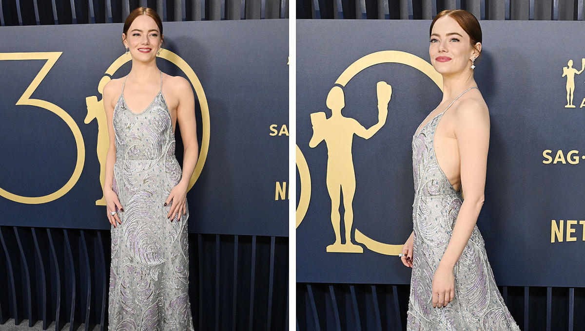 Emma Stone Wears Louis Vuitton Slip Dress With Whimsical Print Embellished  With Sequins, Pearls and Crystals for SAG Awards 2024