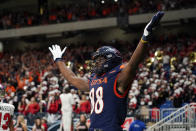 UTSA wide receiver De'Corian Clark (88) celebrates a touchdown catch against Western Kentucky during the second half of an NCAA college football game in the Conference USA Championship, Friday, Dec. 3, 2021, in San Antonio. (AP Photo/Eric Gay)