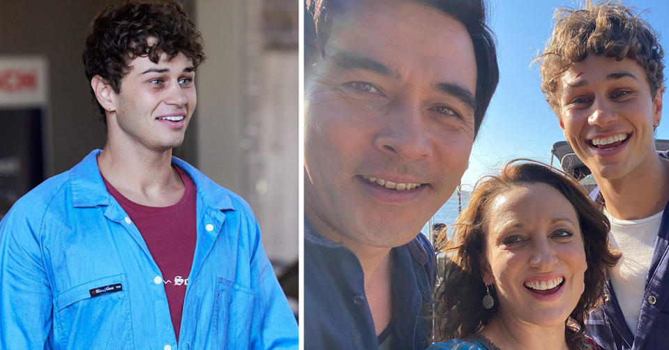 Left: Matt Evans on Home and Away as Theo Poulos at the garage. Right: James Stewart, Georgie Parker and Matt Evans take a selfie on Palm Beach.