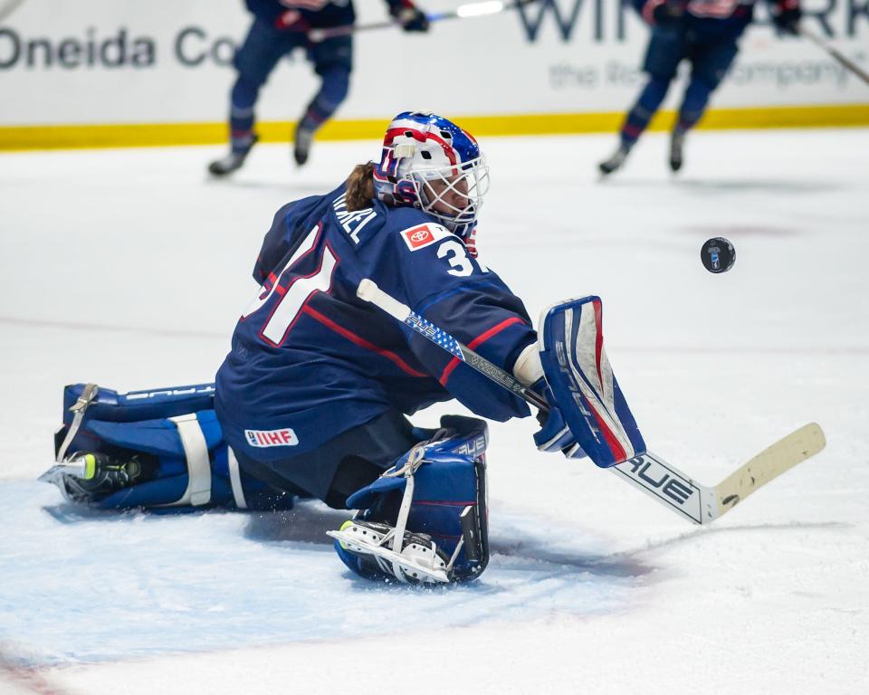 Team USA goaltender Aerin Frankel makes a save against Canade at the Adirondack Bank Center Sunday.