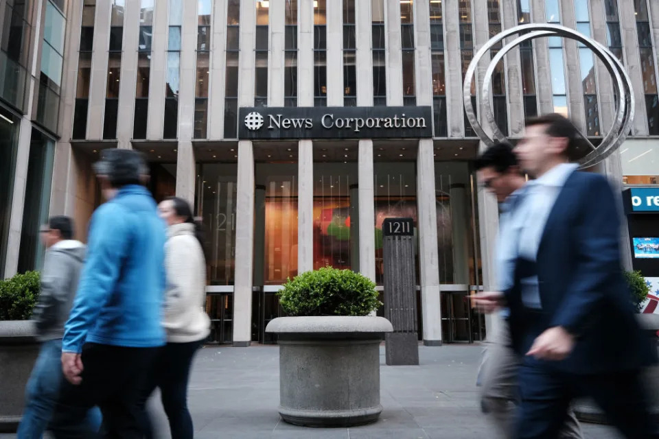 News Corporation headquarters, home to Fox News, on April 18, 2023 in New York City. Moments before opening arguments were set to begin, Fox News and Dominion Voting Systems said that they had reached a settlement of $787 million in the voting machine company’s defamation lawsuit against Fox.<span class="copyright">Spencer Platt-Getty Images</span>