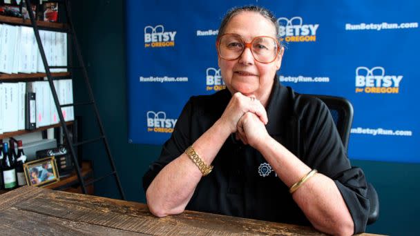 PHOTO: Betsy Johnson, Oregon's nonaffiliated gubernatorial candidate, poses in her campaign office in downtown Portland, Ore., May 27, 2022. (Sara Cline/AP, FILE)