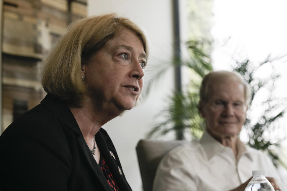 Deputy Administrator Pamela Melroy and NASA Administrator Bill Nelson attend a press conference at the U.S. ambassador's residence, in Mexico City, Tuesday, April 23, 2024. Nelson and Melroy, both former astronauts, spent two hours chatting with President Andrés Manuel López Obrador Tuesday. (AP Photo/Marco Ugarte)