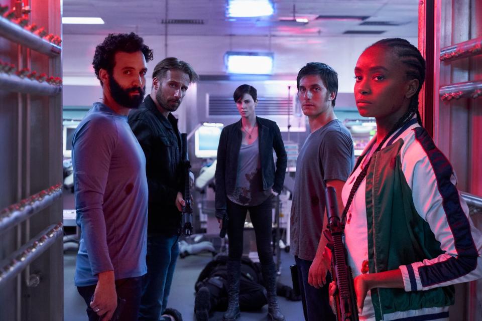 Marwan Kenzari (left), Matthias Schoenaerts, Charlize Theron, Luca Marinelli and KiKi Layne are hard-to-kill mercenaries in the Netflix action film "The Old Guard."