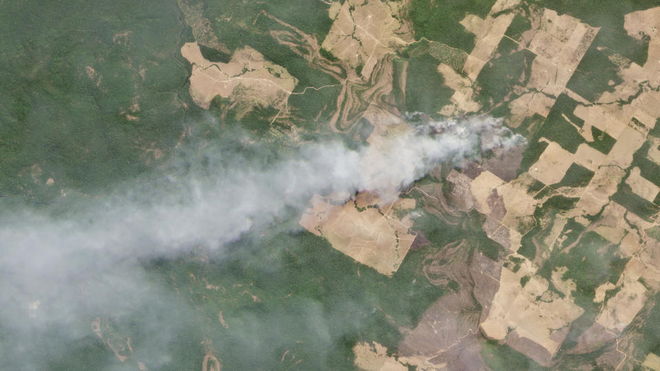 This Aug. 20, 2019 satellite image courtesy of Planet Labs, Inc. shows smoke billowing from fires in Mato Grosso, Brazil. (Planet Labs Inc. via AP)