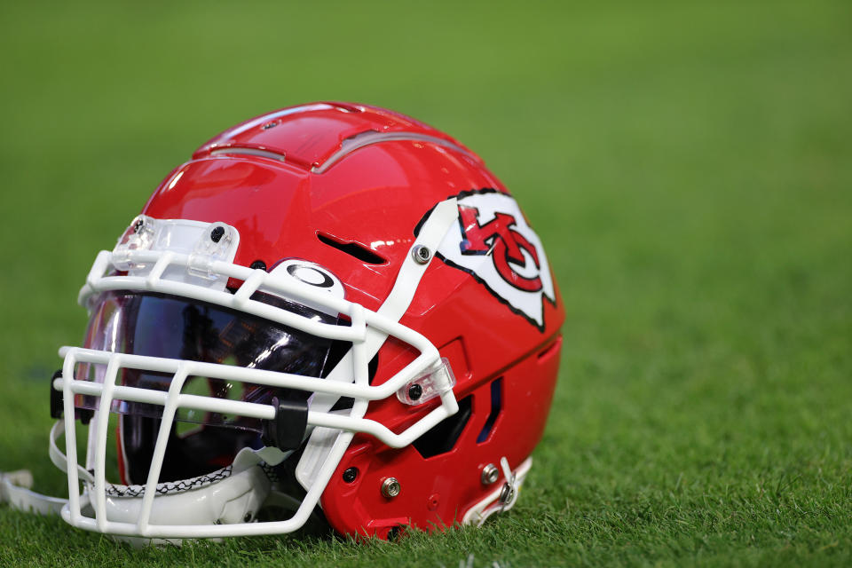 MIAMI, FLORIDA – FEBRUARY 02: Details of Kansas City Chiefs helmet before Super Bowl LIV at Hard Rock Stadium on February 02, 2020 in Miami, Florida. (Photo by Maddie Meyer/Getty Images)