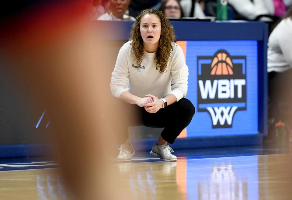 Penn State women’s basketball coach Carolyn Kieger yells to her players during the game against Belmont in the WBIT on Monday, March 25, 2024 at the Bryce Jordan Center.