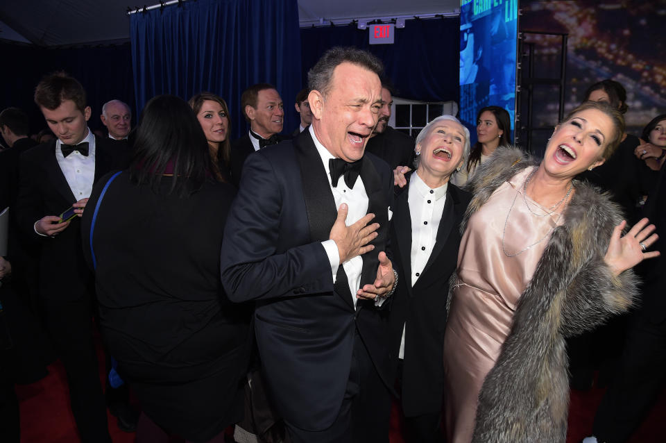 Hanks, Glenn Close, and Wilson at the <em>SNL 40th Anniversary Special</em> in 2015. (Photo: Michael Loccisano/NBC/NBCU Photo Bank via Getty Images)