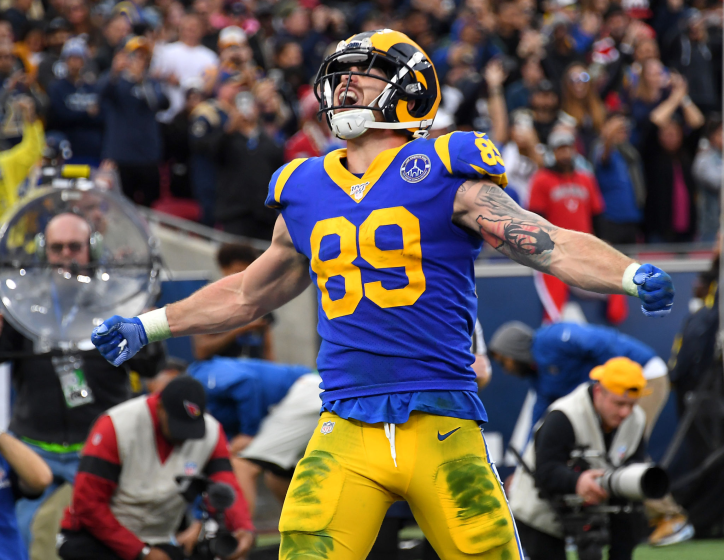 LOS ANGELES, CA - DECEMBER 29: Tight end Tyler Higbee #89 of the Los Angeles Rams celebrates.
