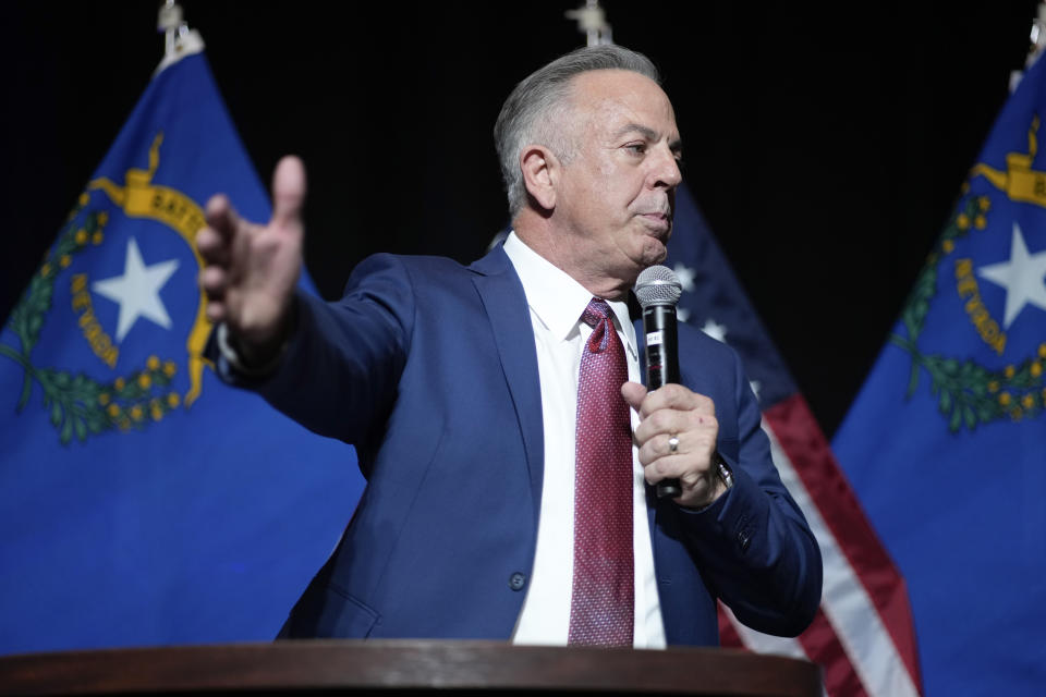 Clark County Sheriff Joe Lombardo, Republican candidate for governor of Nevada, speaks to supporters during an election night campaign event Tuesday, Nov. 8, 2022, in Las Vegas. (AP Photo/John Locher)