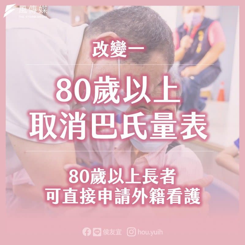 <cite>國民黨總統參選人侯友宜日前提出80歲以上長者全面免評巴氏量表，便可直接提出聘僱外籍看護工申請。（取自侯友宜臉書）</cite>