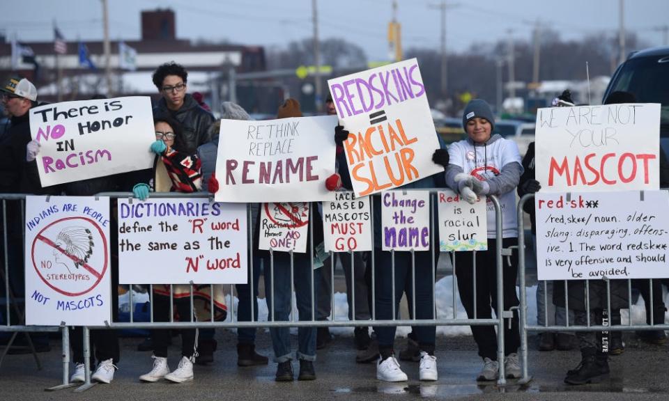 Dec 8, 2019; Green Bay, WI, USA;   Protesters stand in front of Lambeau Field before a game between the Washington Redskins and Green Bay Packers. Mandatory Credit: Benny Sieu-USA TODAY Sports