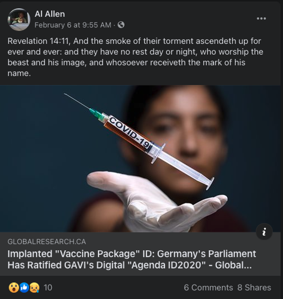 In a Feb. 6 Facebook post, Horry County Council member Al Allen shared an article that spread a conspiracy theory that Bill Gates was behind an effort to use the COVID-19 vaccine to implant microchips in people’s bodies. The conspiracy theory is false.