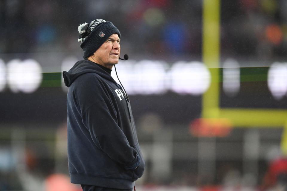 FOXBORO, MA - DECEMBER 3: New England Patriots head coach Bill Belichick stands on the sideline during the second half against the Los Angeles Chargers at Gillette Stadium on December 3, 2023 in Foxboro, Massachusetts. (Photo by Kathryn Riley/Getty Images)