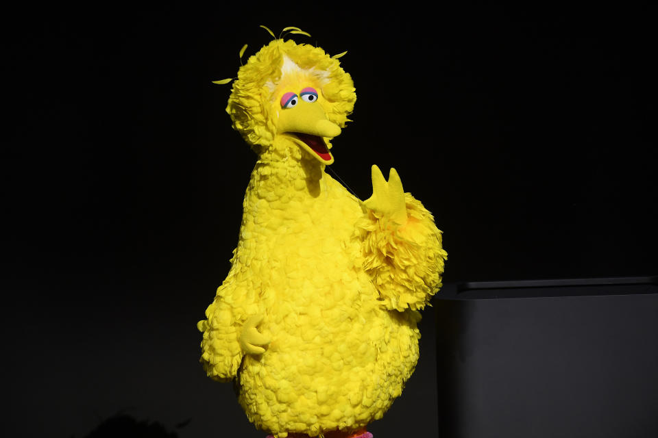 An actor dressed as Sesame Street character 'Big Bird' speaks during an Apple Inc. event at the Steve Jobs Theater in Cupertino, California, U.S., on Monday, March 25, 2019. The company is unveiling streaming video and news subscriptions, key parts of Apple's push to transform itself into a leading digital services provider. Photographer: David Paul Morris/Bloomberg via Getty Images