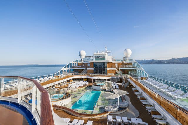 <p>Courtesy of Oceania Cruises</p> The pool deck on Oceania Vista