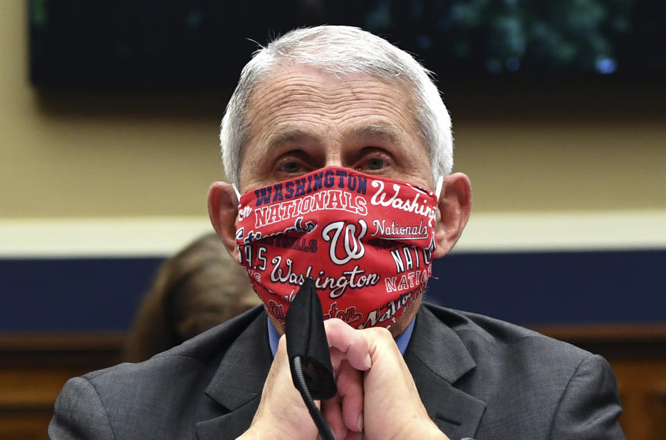 Director of the National Institute of Allergy and Infectious Diseases Dr. Anthony Fauci wears a face mask as he waits to testify before a House Committee on Energy and Commerce on the Trump administration's response to the COVID-19 pandemic on Capitol Hill in Washington on Tuesday, June 23, 2020. (Kevin Dietsch/Pool via AP)